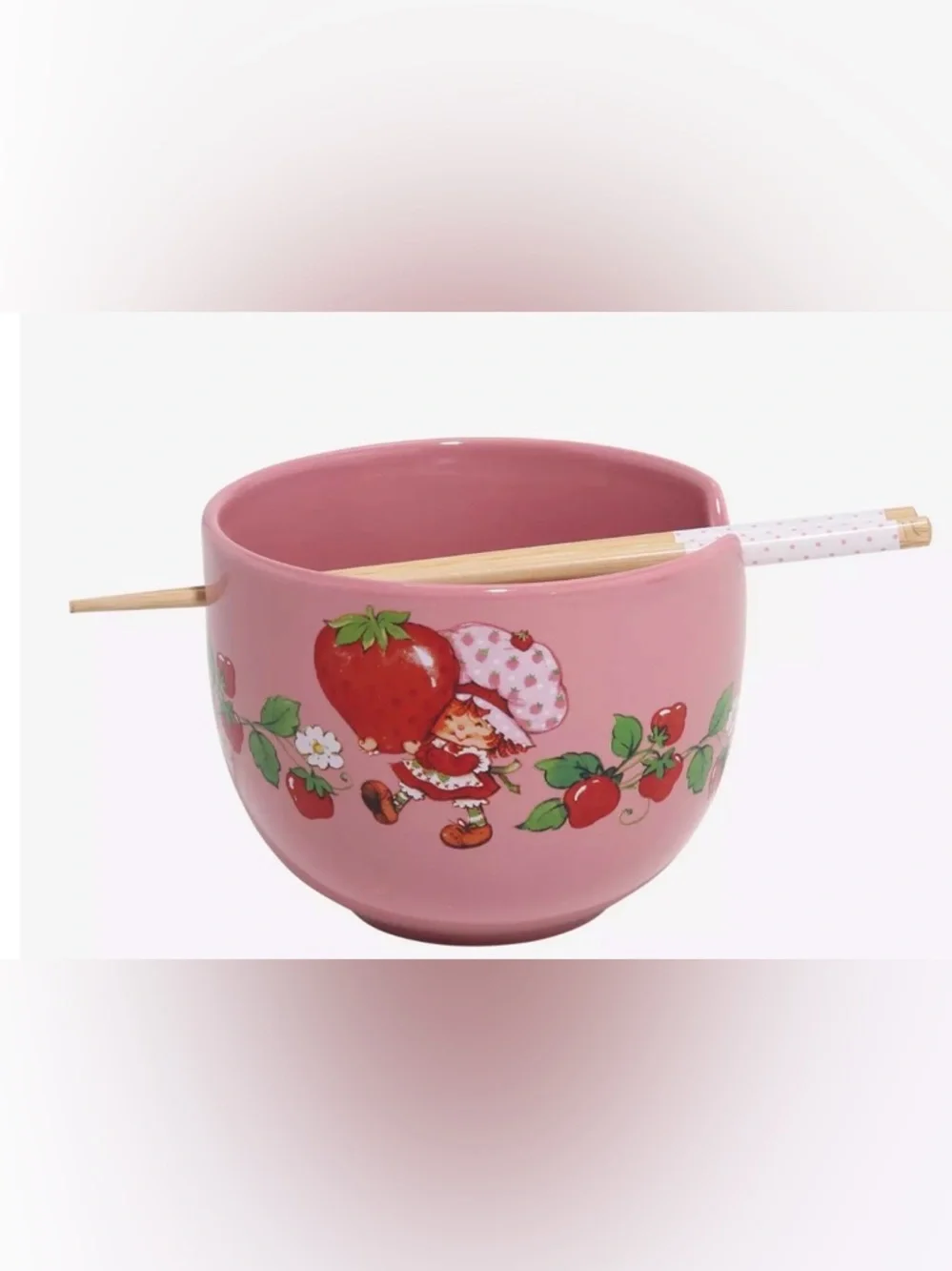Strawberry Shortcake Pink 20oz Ceramic Ramen Bowl with Chopsticks- New